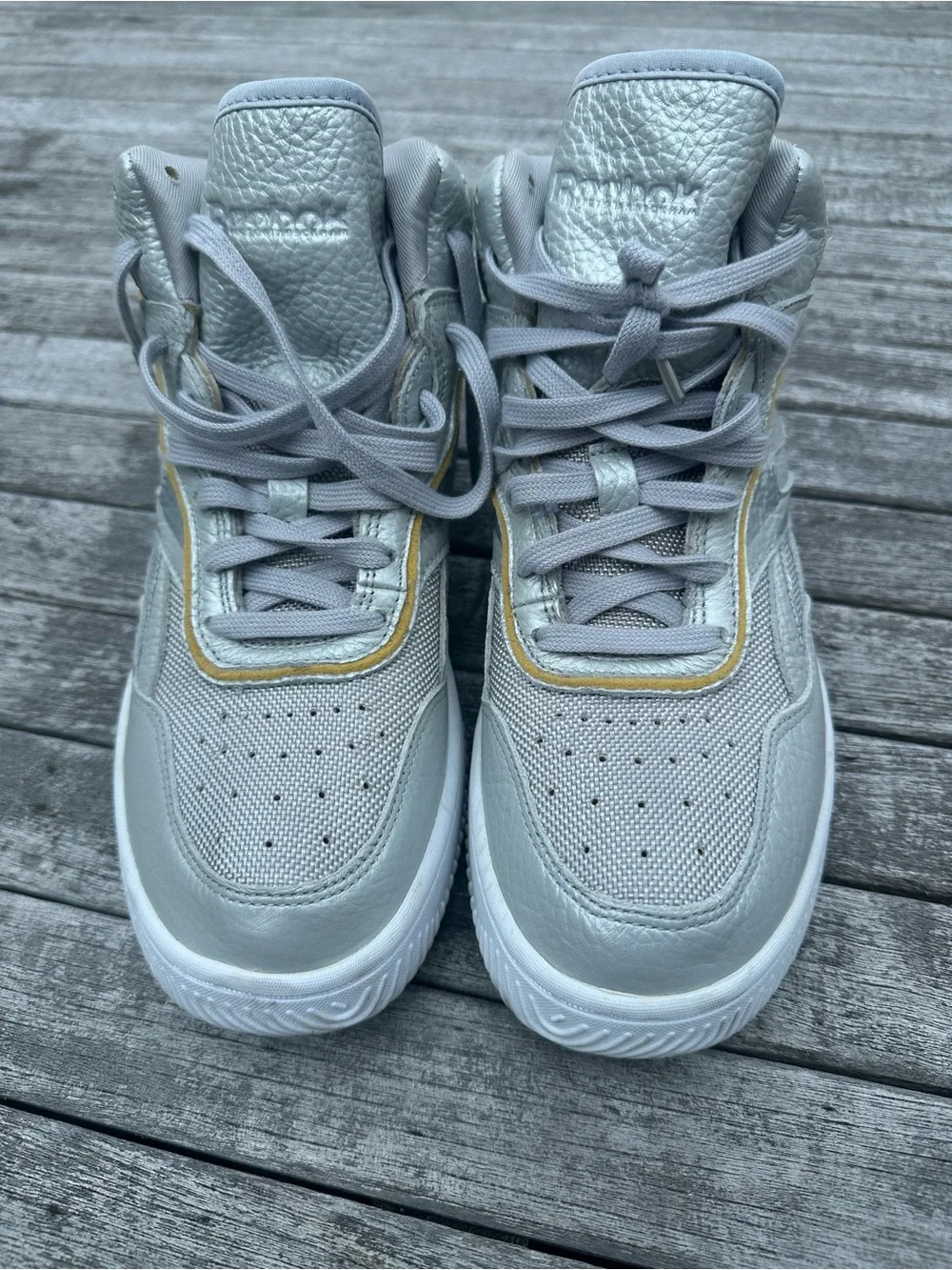 Reebok Silver Metallic High-Top Sneakers with Gold Accent